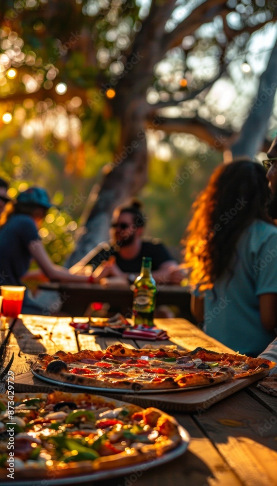 Ultra sharp image of a lively group gathered outdoors, enthusiastically sharing stories, jokes Ultra sharp image of a lively group gathered outdoors, enthusiastically sharing stories, jokes