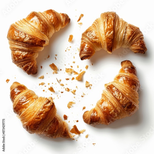 Four delicious croissants isolated on white background.