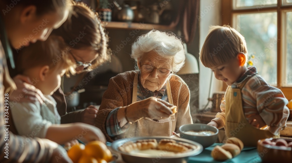Nostalgic Family Gathering: Grandmother Teaching Grandchildren to Make Classic Milk Tart in Cozy Kitchen Nostalgic Family Gathering: Grandmother Teaching Grandchildren to Make Classic Milk Tart in Cozy Kitchen