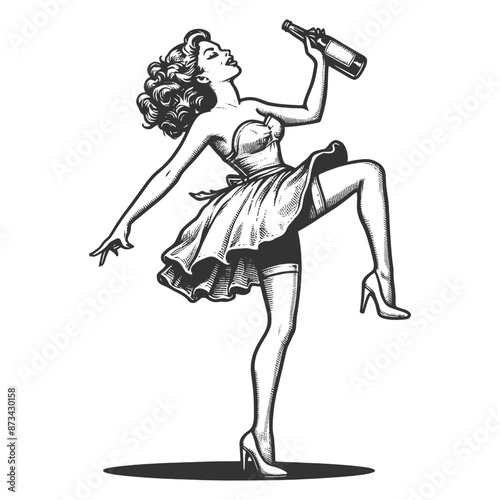 Drunk pin-up girl dancing joyfully with bottle, classic retro illustration style sketch engraving generative ai fictional character vector illustration. Scratch board imitation. Black and white image