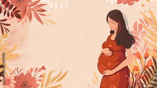 Smiling beautiful pregnant woman holding her baby, cartoon style banner with plant background and copy space for text. Wide illustration for antenatal social courses, clinic website, card or advertise