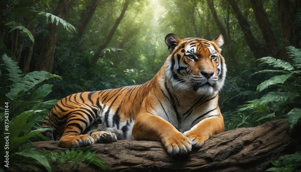 Majestic tiger resting in the lush green jungle canopy Majestic tiger resting in the lush green jungle canopy