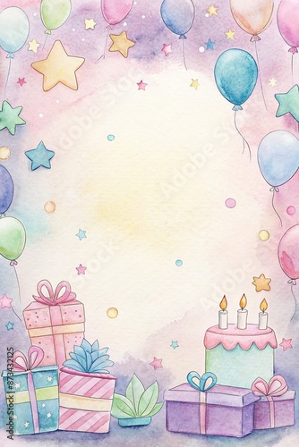 Birthday banner. Frame drawn watercolor balloons symbols of birthday party cake gifts. Design holiday greeting card and invitation of birthday and holidays background