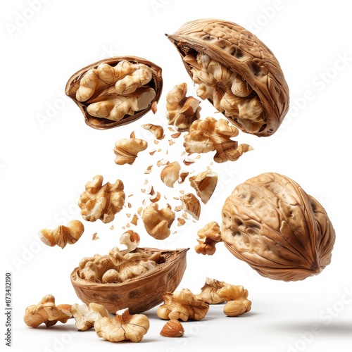 Walnut kernels flying out of crushed walnut shells on a white background.