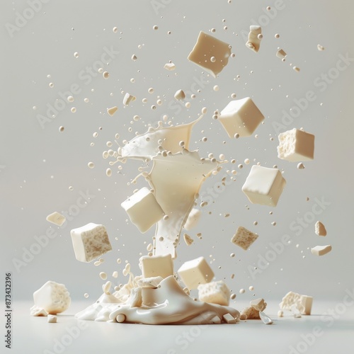 White liquid and cubes explosion on a white background. photo