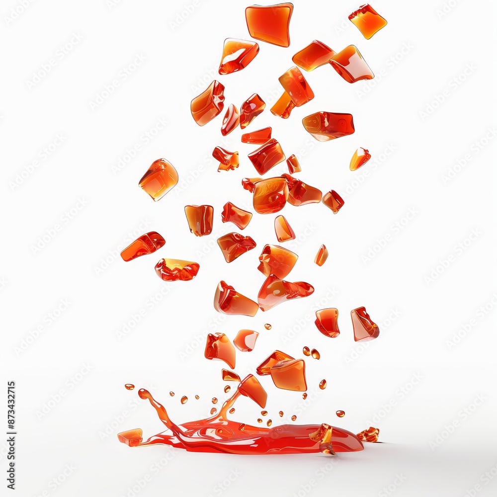 Fototapeta premium Red liquid, pieces of glass fall in slow motion on a white background