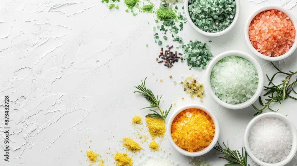 Top down view of vibrant spa salts with herbs on white background framed with space for text Top down view of vibrant spa salts with herbs on white background framed with space for text