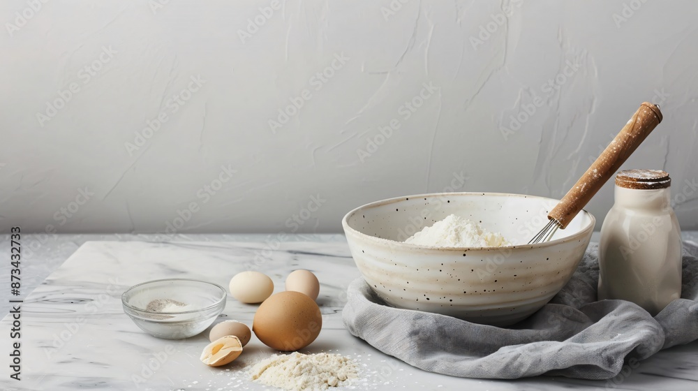 A clean kitchen scene with a single mixing bowl, a whisk, and a few basic ingredients, set against a plain background A clean kitchen scene with a single mixing bowl, a whisk, and a few basic ingredients, set against a plain background