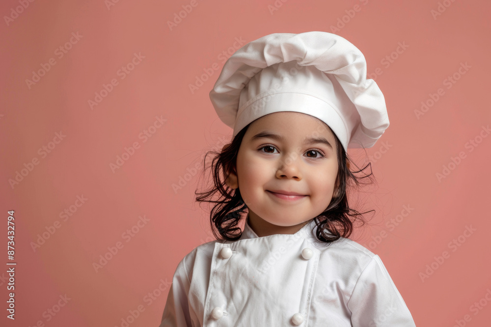 cute hispanic smiling child in chef’s uniform - hat and clothes - portait on plain background, culinary cooking studio concept with copy space cute hispanic smiling child in chef’s uniform - hat and clothes - portait on plain background, culinary cooking studio concept with copy space