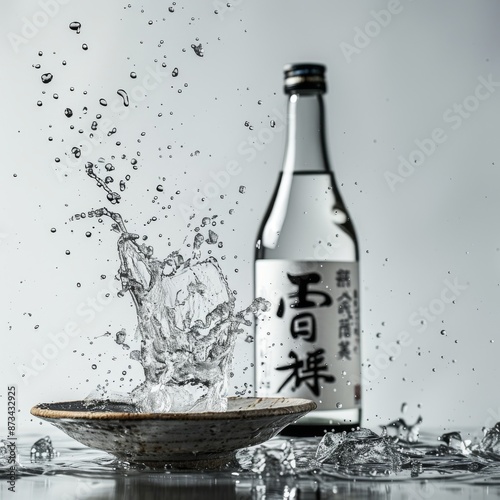Sake bottle with splashing water on white background