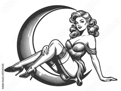 elegant pin-up girl woman seated in a crescent moon, evoking Art Nouveau style sketch engraving generative ai fictional character vector illustration. Scratch board imitation. Black and white image.