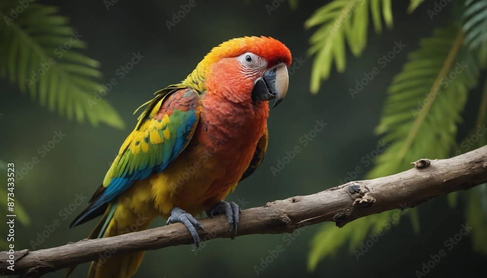 A sun-kissed macaw perches on a branch in a lush green canopy A sun-kissed macaw perches on a branch in a lush green canopy