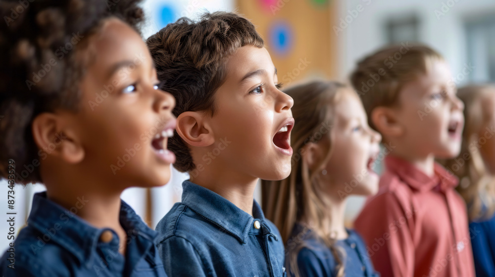 Group of Children Singing Together in Classroom Setting Group of Children Singing Together in Classroom Setting
