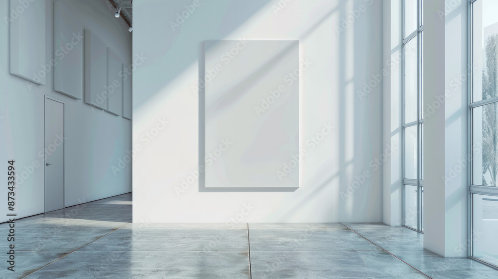 Modern art gallery interior with large blank canvas and sunlight Modern art gallery interior with large blank canvas and sunlight