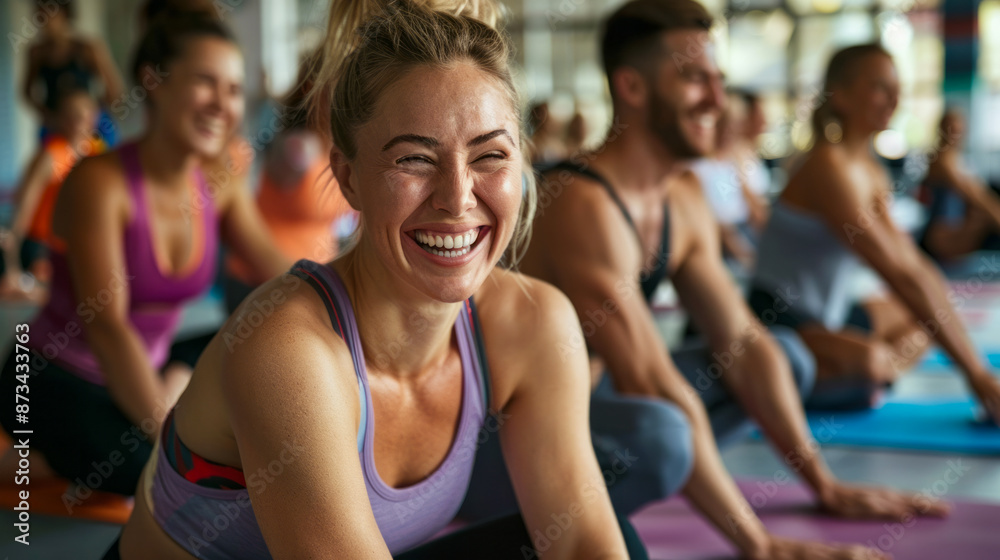 Group of Happy People Enjoying a Fun Yoga Class Indoors Group of Happy People Enjoying a Fun Yoga Class Indoors