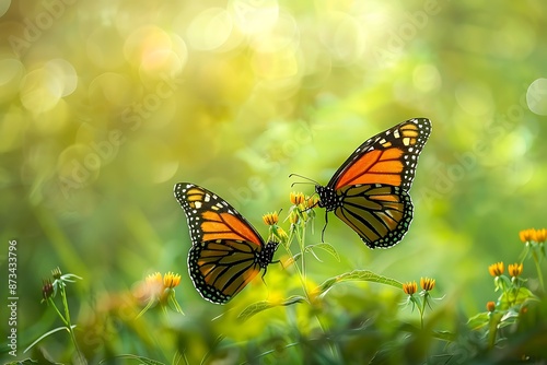 A pair of monarch butterflies fluttering gracefully around a patch of milkweed, their orange wings a vibrant contrast against the greenery. © Animals