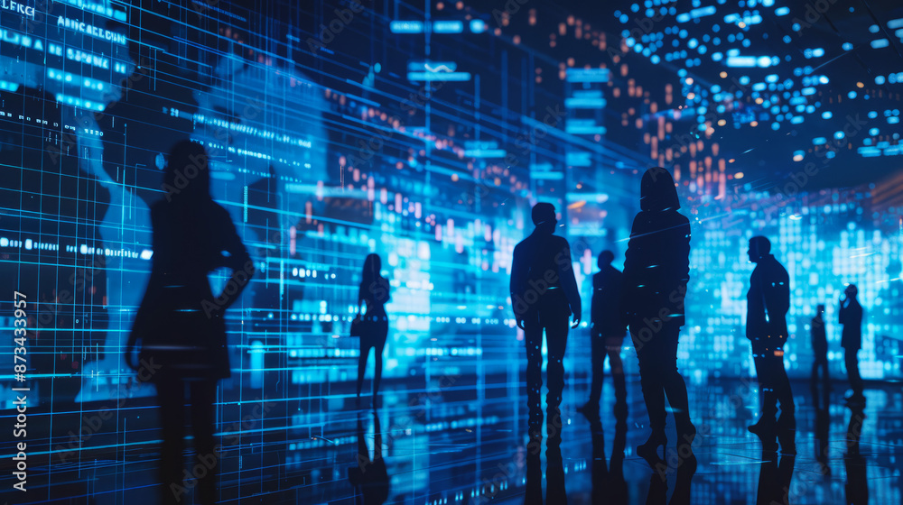 Futuristic Silhouettes in Digital Data Network Futuristic Silhouettes in Digital Data Network