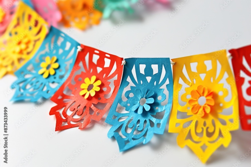Mexican papel picado. Colorful paper garlands with flower decorating for Dia de Los Muertos. Day of the death. Mexican papel picado. Colorful paper garlands with flower decorating for Dia de Los Muertos. Day of the death.