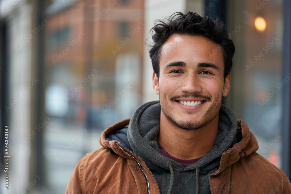 Hispanic handsome man smiling, jacket Hispanic handsome man smiling, jacket