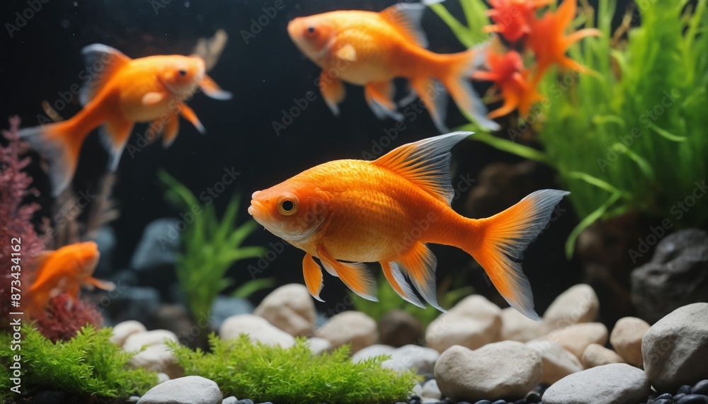 A golden moment in an underwater world: two goldfish meet in a lushly decorated aquarium A golden moment in an underwater world: two goldfish meet in a lushly decorated aquarium