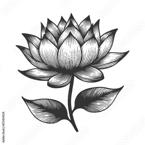 blooming lotus flower with buds, water lily Nymphaea, elegant and detailed floral art sketch engraving generative ai vector illustration. Scratch board imitation. Black and white image.