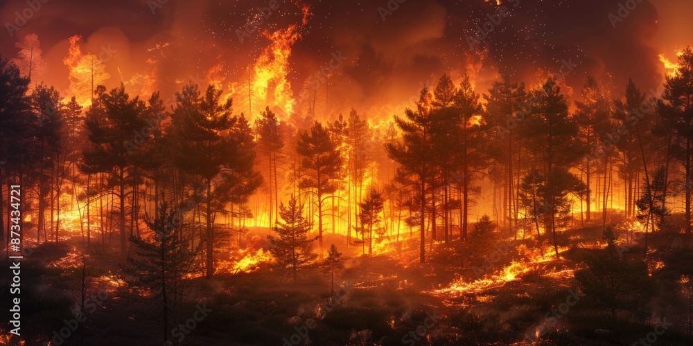 Intense Wildfire Consuming a Pine Forest at Night Intense Wildfire Consuming a Pine Forest at Night
