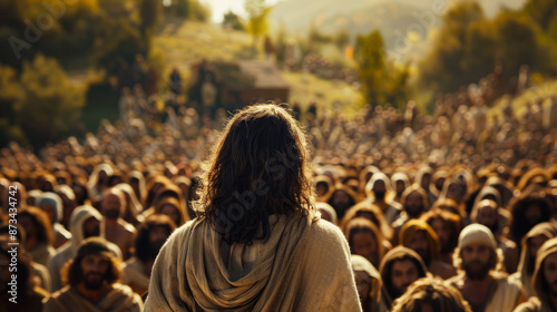 Jesus Preaching to a Large Crowd in a Serene Outdoor Setting