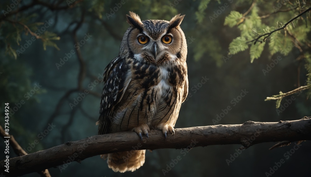 A serene owl perched on a branch in the twilight forest A serene owl perched on a branch in the twilight forest