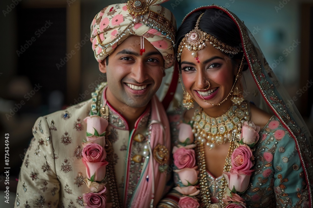 Fototapeta premium Smiling Indian Wedding Couple in Traditional Attire Portrait