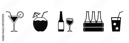 Beverages or drinks icon set. Wine glass, coconut, mineral water, beer,  juice, cocktail symbol. Vector Illustration.