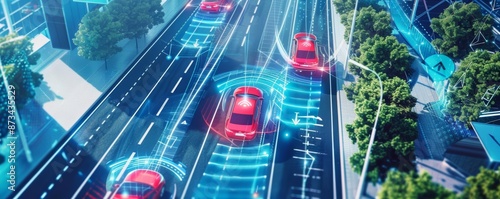 Selfdriving cars navigating through a smart city, advanced network connectivity, urban mobility revolution photo