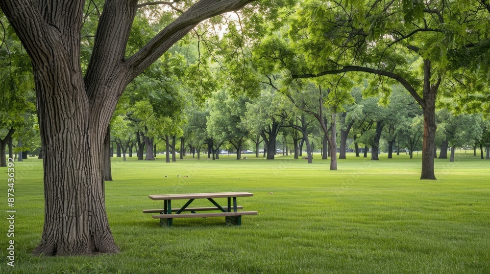 A park with a bench and a gazebo in the distance. Lush green grass and trees provide a peaceful atmosphere A park with a bench and a gazebo in the distance. Lush green grass and trees provide a peaceful atmosphere