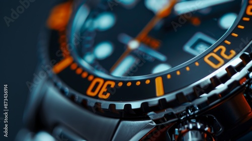An upclose view of a dive watch with a unidirectional rotating bezel luminescent markers and a water resistance rating of 200 meters.