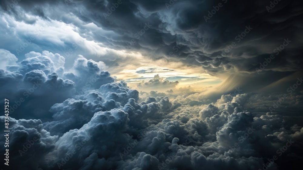 Obraz premium The sky is filled with dark clouds and the sun is barely visible. Scene is ominous and foreboding