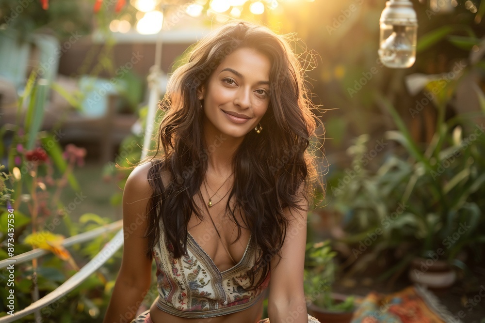 Smiling Woman with Long Wavy Brown Hair and Dark Eyes Portrait Smiling Woman with Long Wavy Brown Hair and Dark Eyes Portrait