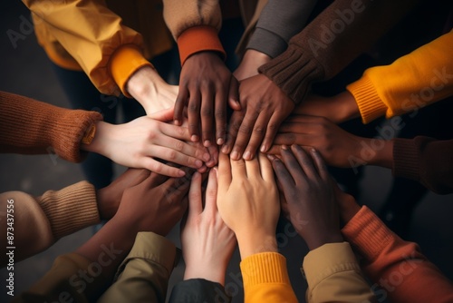 Many hands of different races and ethnicities. United for equality: Diverse youth fighting against discrimination
