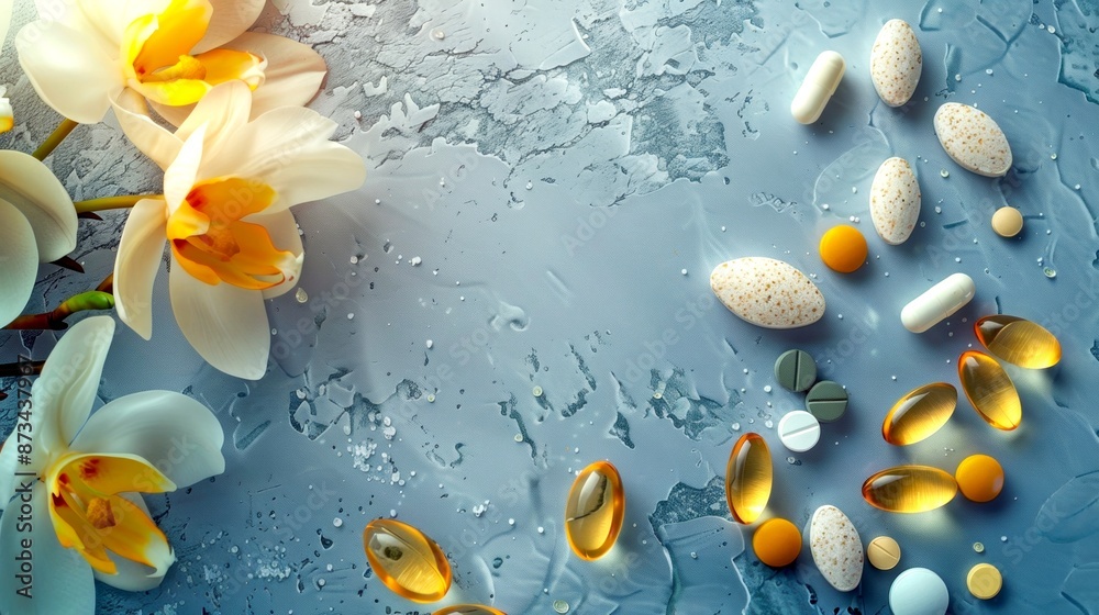 Assorted health supplements and vitamins on a textured blue background ...