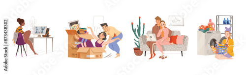 Happy People Character at Home Engaged in Different Activity Vector Set