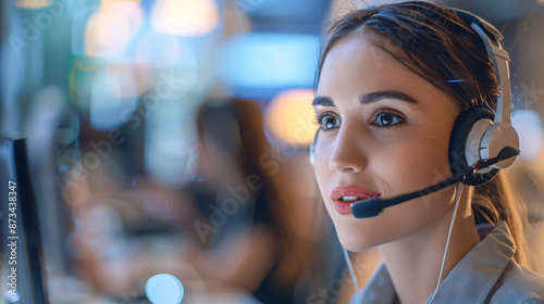 Young female call center agent wearing a headset provides customer service. Beautiful woman offering assistance as a customer service employee.