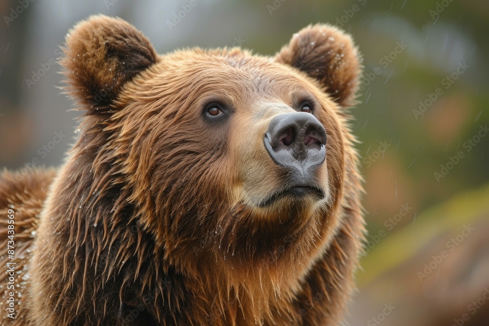 Fototapeta premium Close-up of a brown bear's face with raindrops, showcasing its serene expression