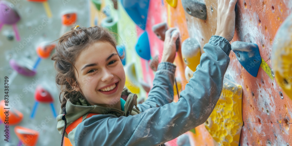 Obraz premium young athletic woman wearing sportswear climbing wall indoors, smiling portrait