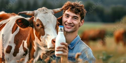 close up cow and smiling farmer man holding a bottle of whole milk on a field in summer farm surroundings, farmer’s dairy produce concept, horizontal banner