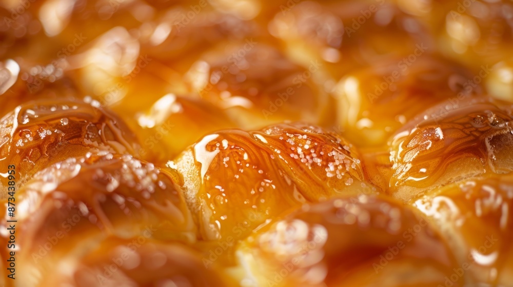 A closeup of a stillwarm brioche bread with its delicate swirls coated in a shiny honey glaze. A closeup of a stillwarm brioche bread with its delicate swirls coated in a shiny honey glaze.