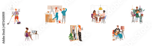 Happy People Character at Home Engaged in Different Activity Vector Set