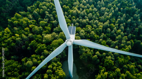 Aerial view of wind turbine with solar panels on top, forest landscape in the background.