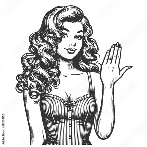 Pin-Up girl showing engagement ring on her finger sketch engraving generative ai fictional character vector illustration. Scratch board imitation. Black and white image.