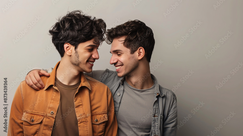Young happy gay couple in casual clothes isolated on a gray background. Young happy gay couple in casual clothes isolated on a gray background.