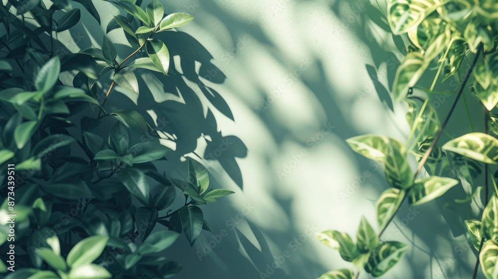 A green plant with leaves and a shadow on a wall A green plant with leaves and a shadow on a wall