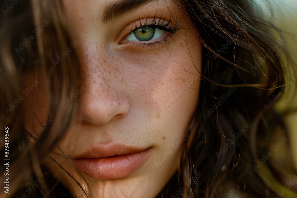 Intimate portrait of a woman's half-face showcasing her freckles, green eyes, and natural beauty Intimate portrait of a woman's half-face showcasing her freckles, green eyes, and natural beauty