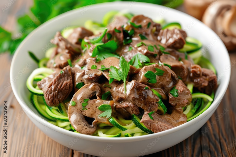 Gourmet Keto Meal: Glossy Beef Stroganoff with Tender Ribbons of Beef, Mushrooms, and Creamy Sauce on Spiraled Zucchini Noodles in a White Ceramic Bowl. Gourmet Keto Meal: Glossy Beef Stroganoff with Tender Ribbons of Beef, Mushrooms, and Creamy Sauce on Spiraled Zucchini Noodles in a White Ceramic Bowl.
